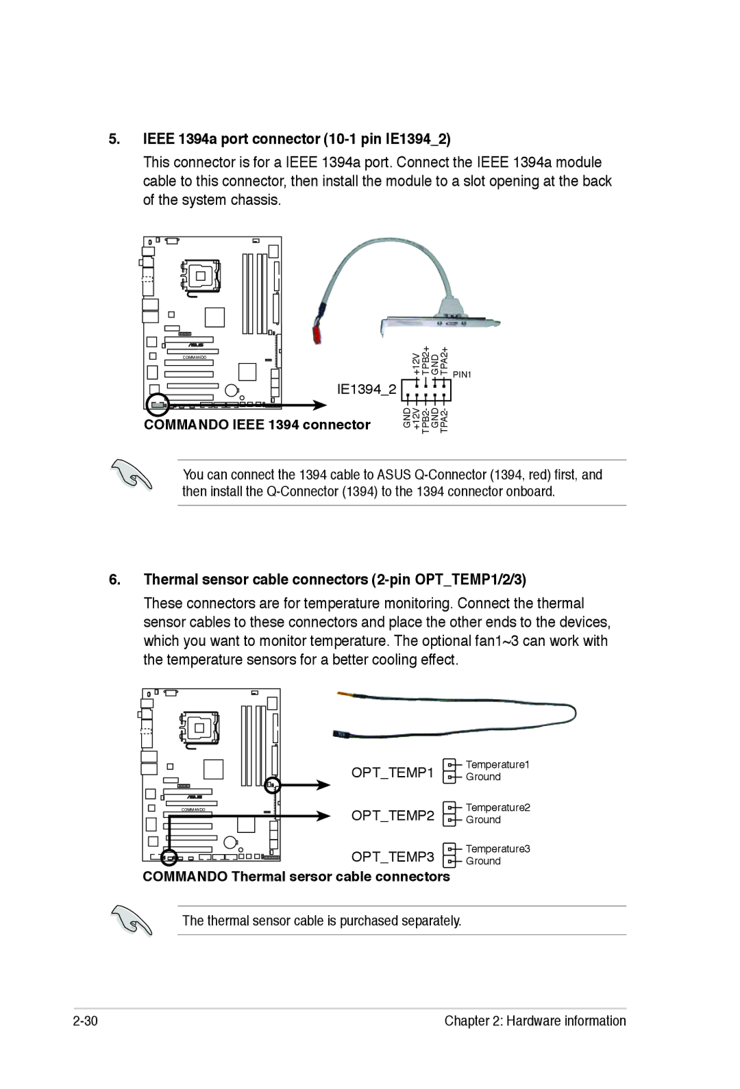 Asus E2938 manual Ieee 1394a port connector 10-1 pin IE13942, Thermal sensor cable connectors 2-pin OPTTEMP1/2/3 