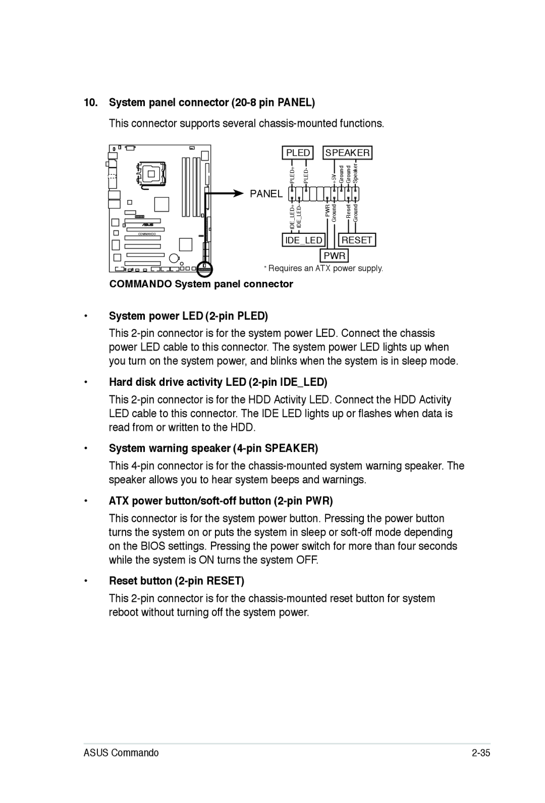 Asus E2938 System panel connector 20-8 pin Panel, System power LED 2-pin Pled, Hard disk drive activity LED 2-pin Ideled 