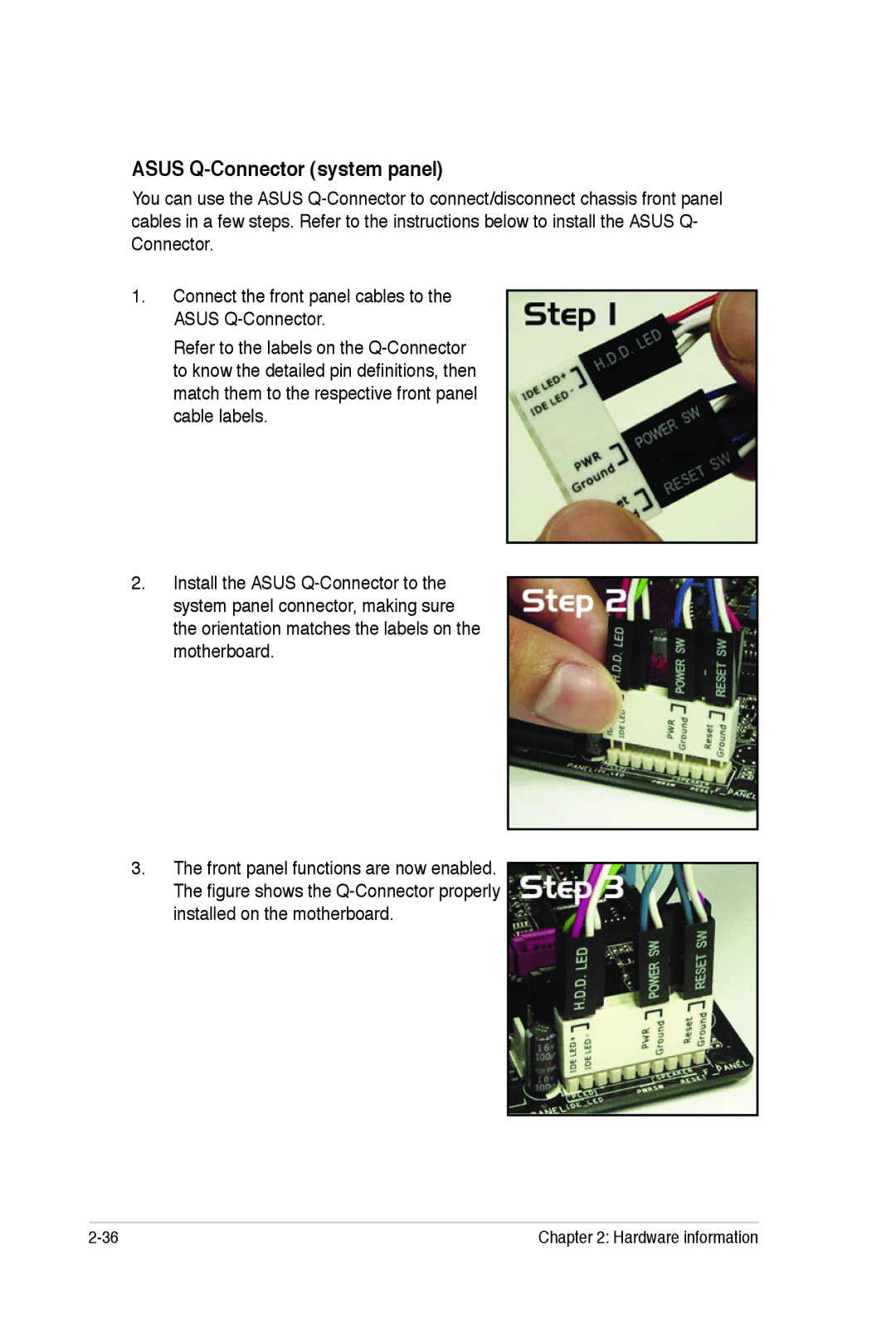 Asus E2938 manual Asus Q-Connector system panel 