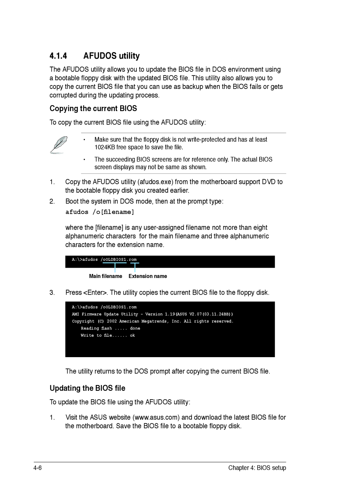 Asus E2938 manual Afudos utility, Copying the current Bios, Updating the Bios file 