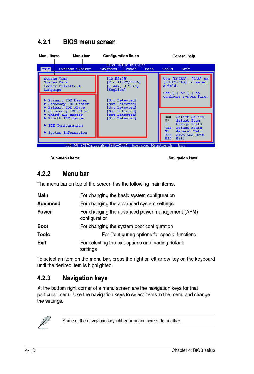 Asus E2938 manual Bios menu screen, Menu bar, Navigation keys, Exit, Settings 