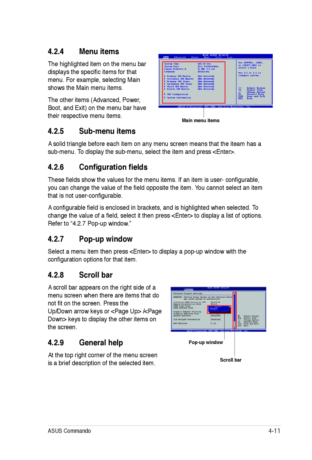 Asus E2938 manual Menu items, Sub-menu items, Configuration fields, Pop-up window, Scroll bar, General help 