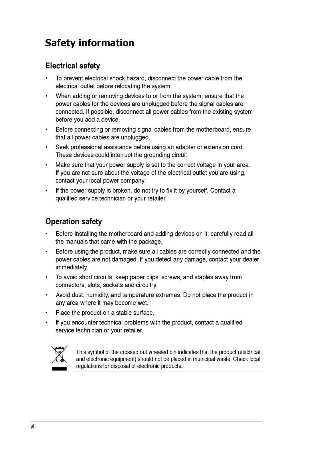 Asus E2938 manual Safety information, Electrical safety, Operation safety 