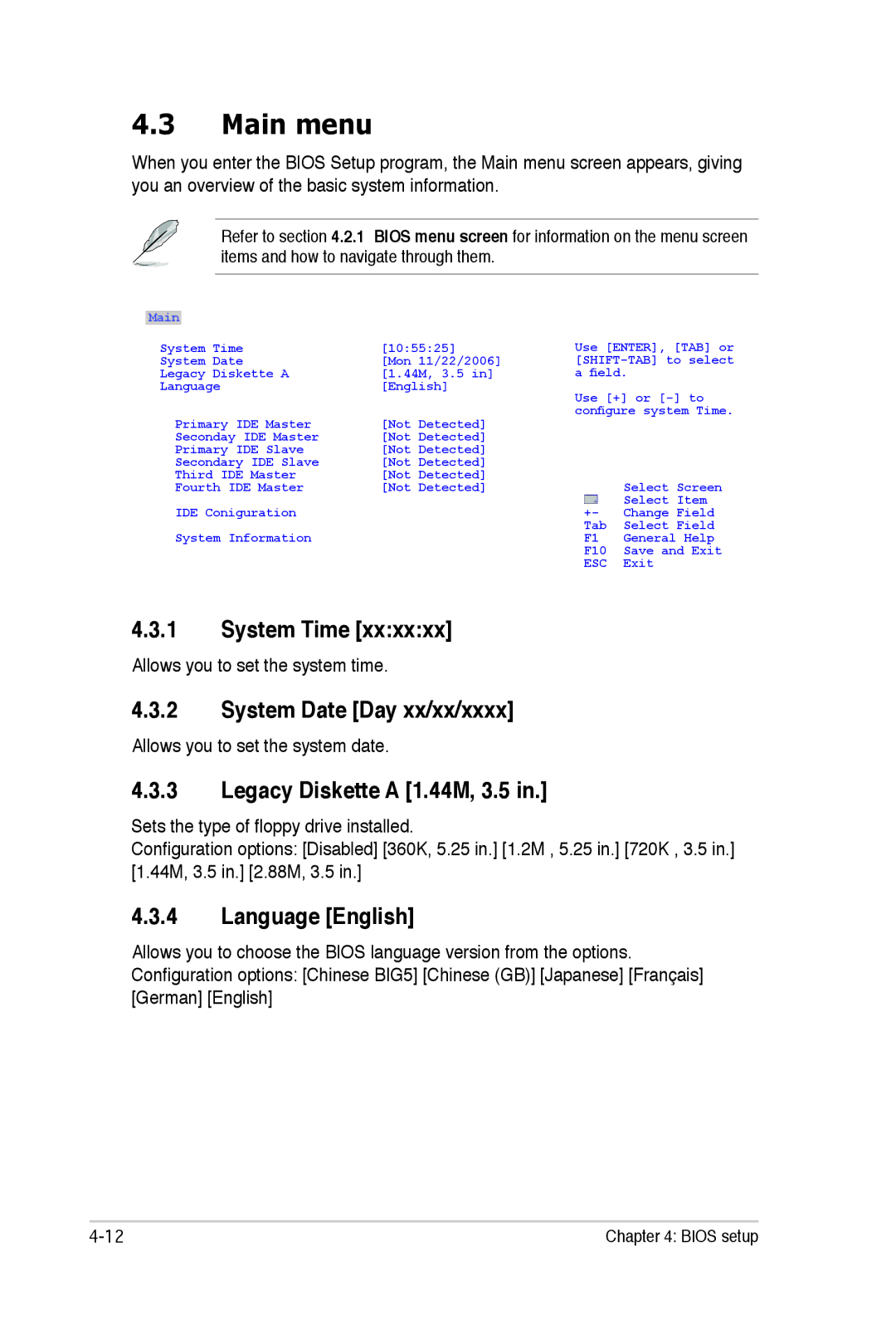 Asus E2938 manual Main menu, System Time, System Date Day xx/xx/xxxx, Legacy Diskette a 1.44M, 3.5, Language English 