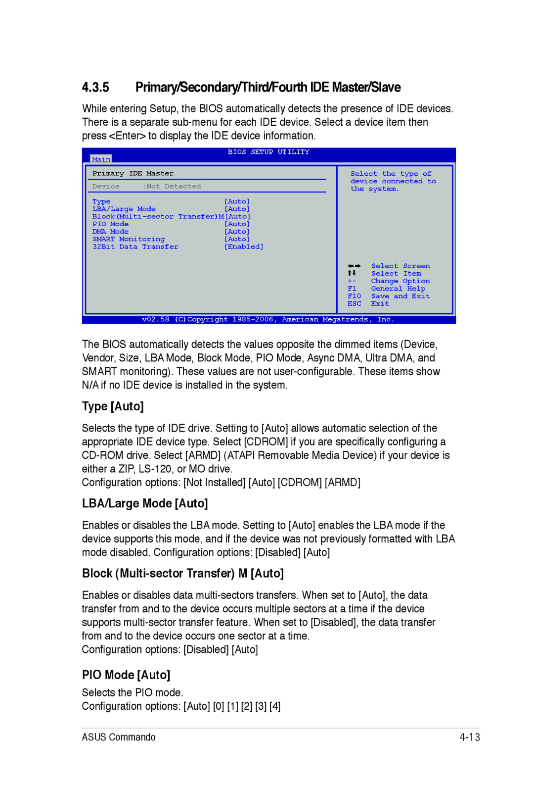 Asus E2938 manual Primary/Secondary/Third/Fourth IDE Master/Slave, Type Auto, LBA/Large Mode Auto, PIO Mode Auto 