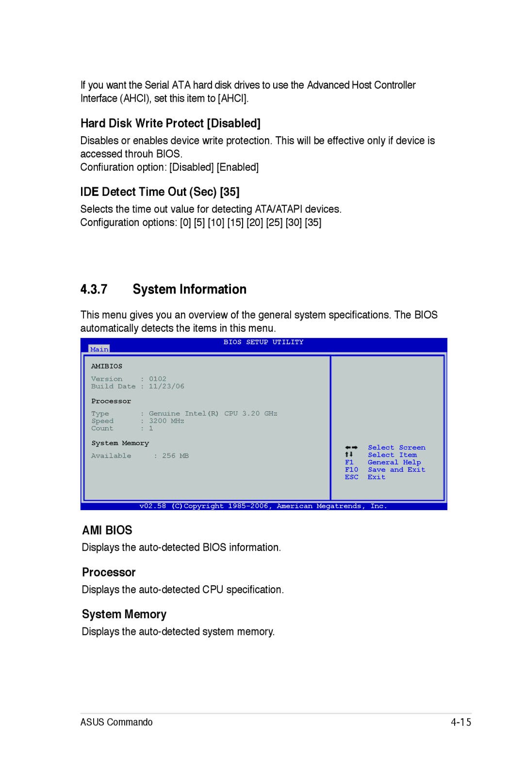 Asus E2938 manual System Information, Hard Disk Write Protect Disabled, IDE Detect Time Out Sec, Processor, System Memory 