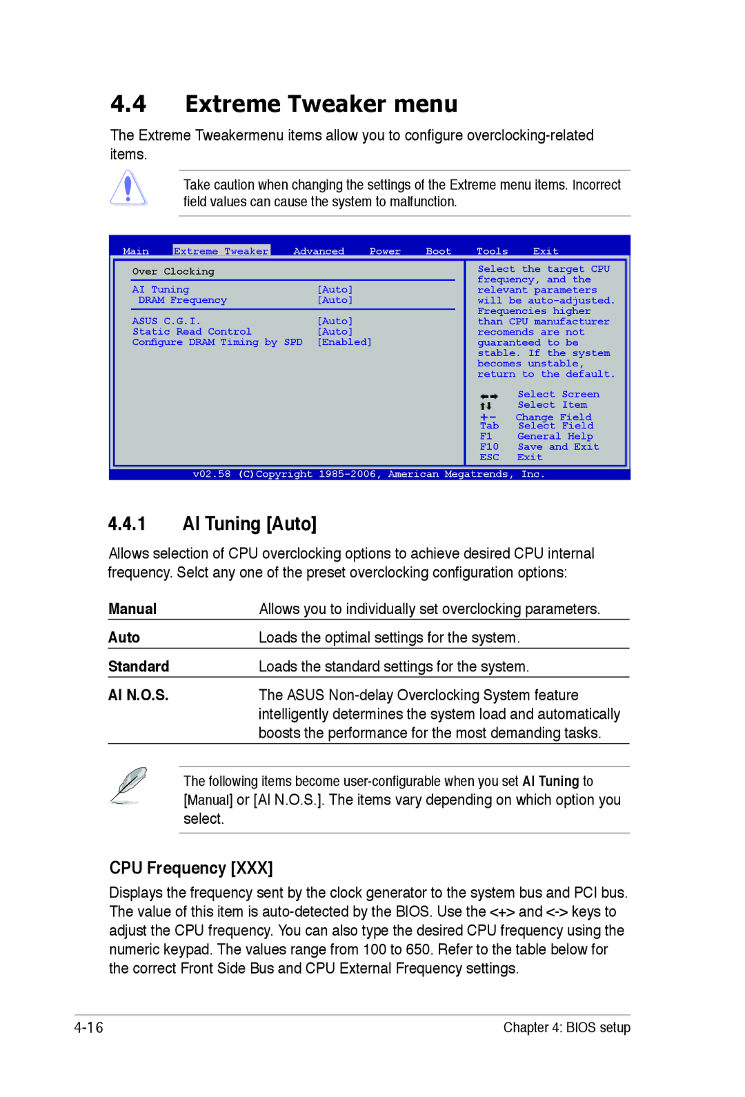 Asus E2938 manual Extreme Tweaker menu, AI Tuning Auto, CPU Frequency 