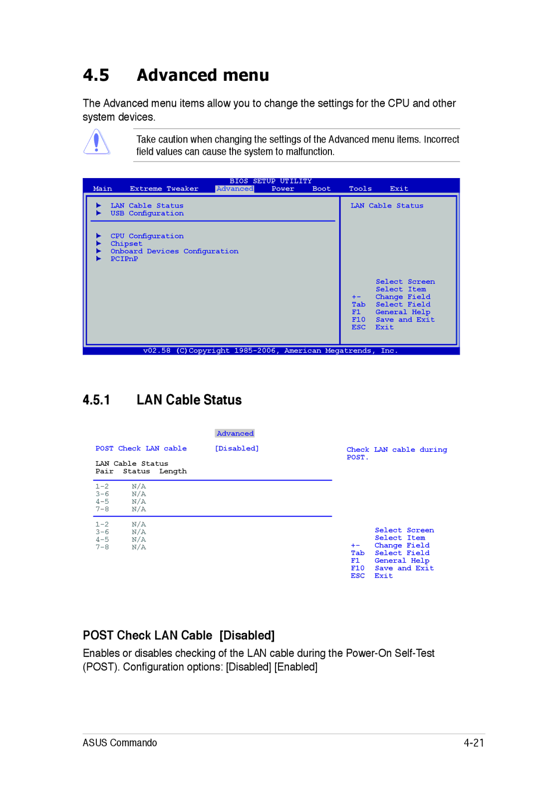 Asus E2938 manual Advanced menu, LAN Cable Status, Post Check LAN Cable Disabled 