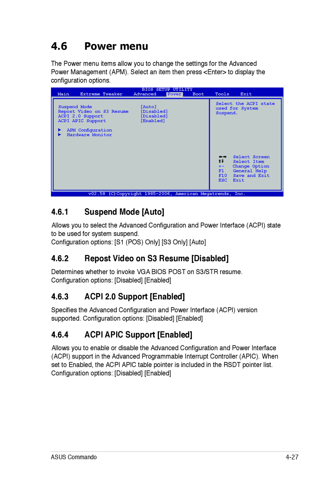 Asus E2938 manual Power menu, Suspend Mode Auto, Repost Video on S3 Resume Disabled, Acpi 2.0 Support Enabled 