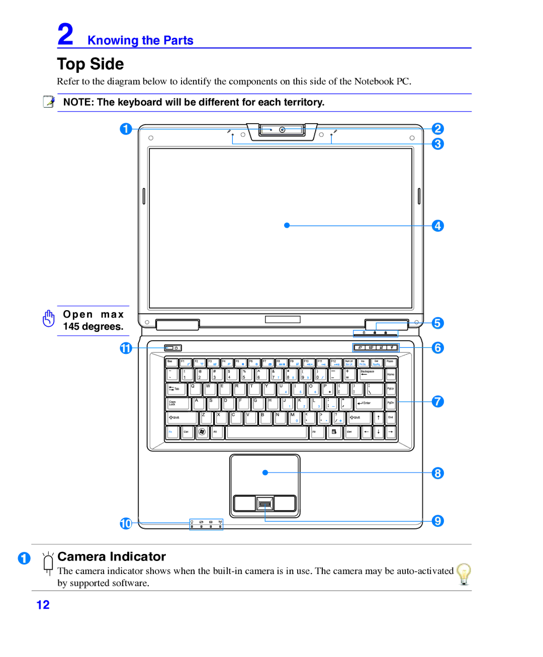 Asus E3101 user manual Top Side, Camera Indicator 