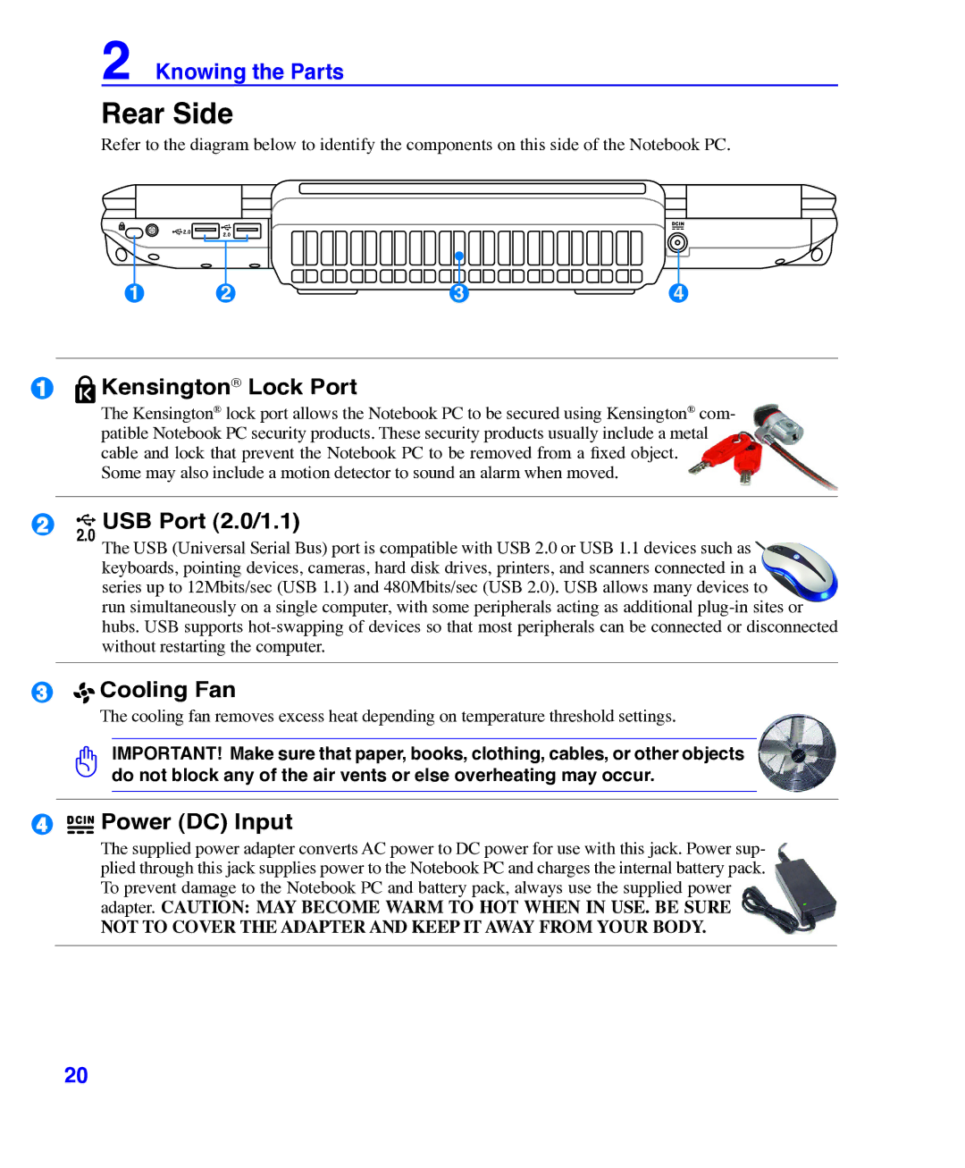 Asus E3101 user manual Rear Side, Kensington Lock Port, Power DC Input 