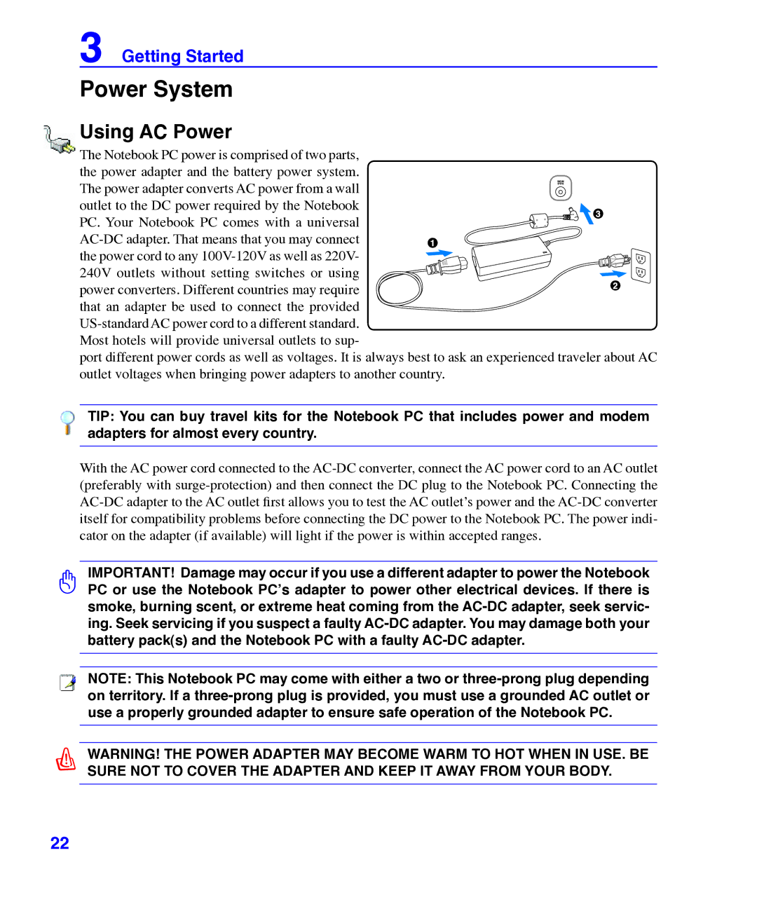 Asus E3101 user manual Power System, Using AC Power 