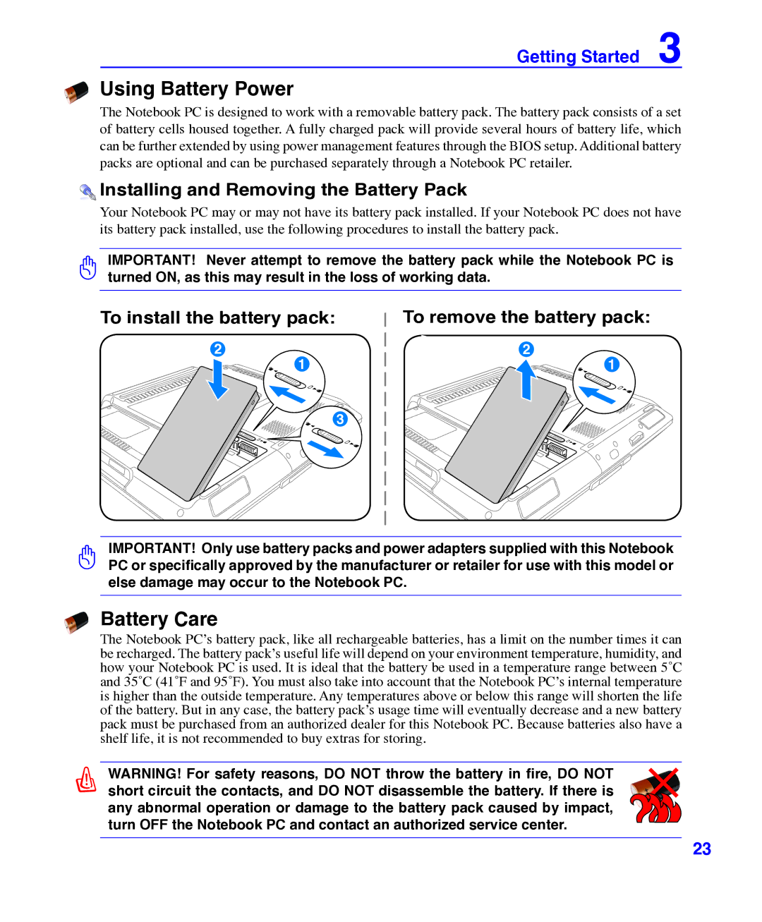 Asus E3101 user manual Using Battery Power, Battery Care, Installing and Removing the Battery Pack 