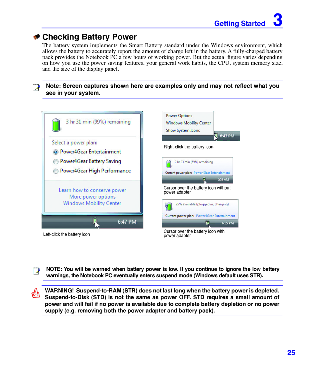 Asus E3101 user manual Checking Battery Power 