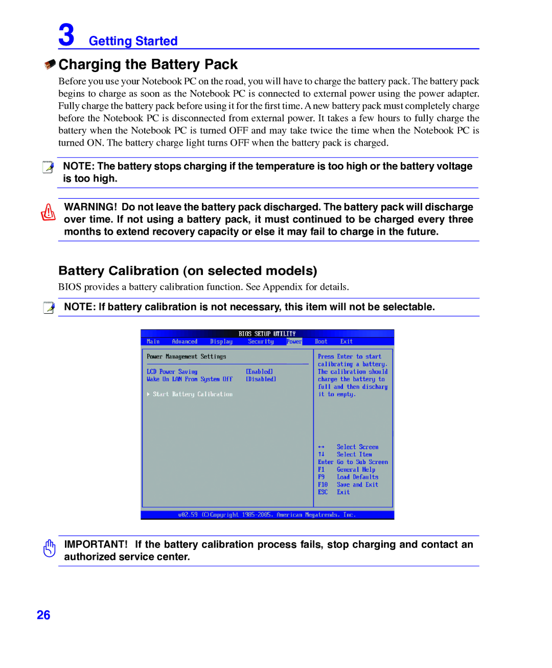 Asus E3101 user manual Charging the Battery Pack, Battery Calibration on selected models 