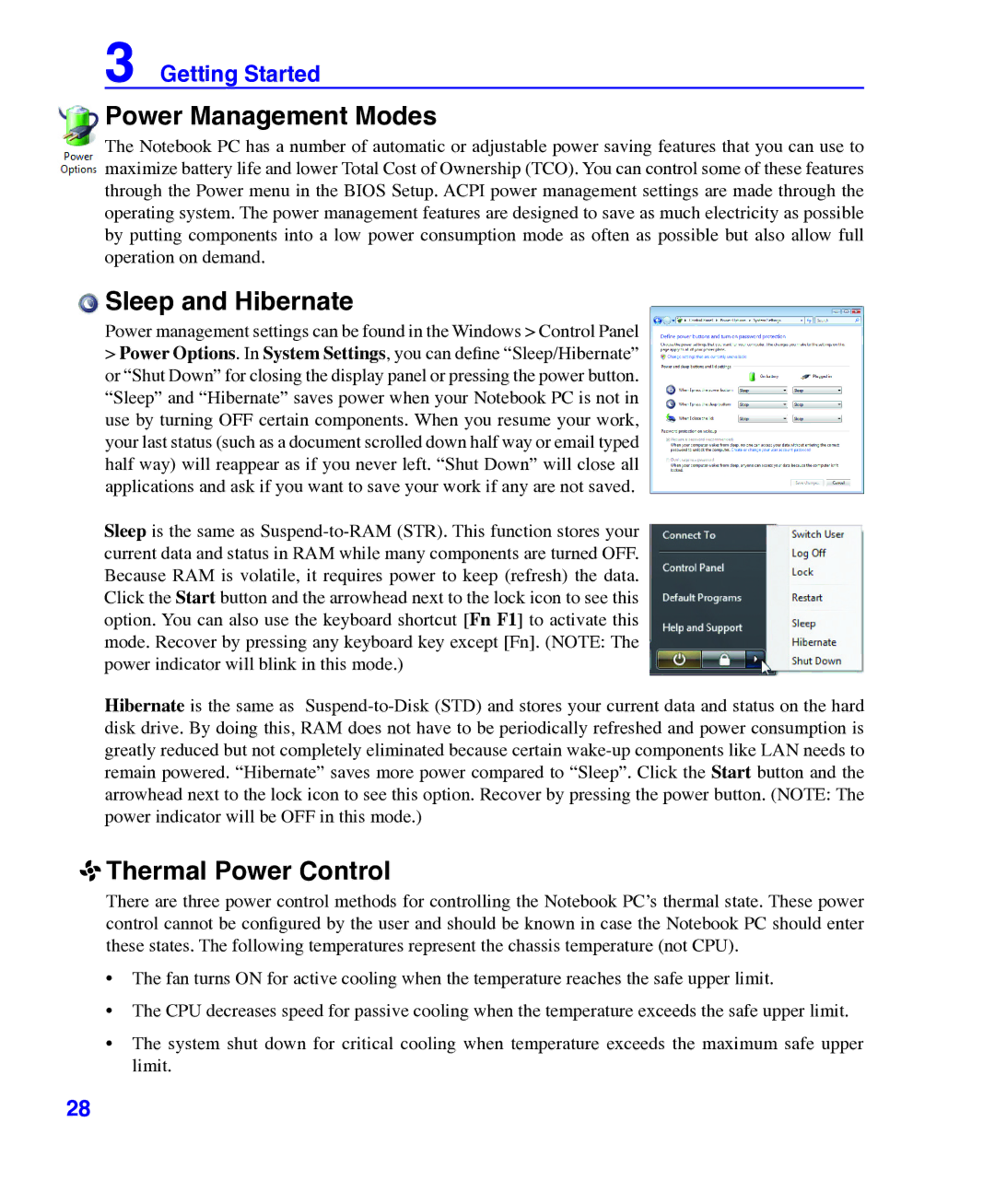 Asus E3101 user manual Power Management Modes Sleep and Hibernate, Thermal Power Control 