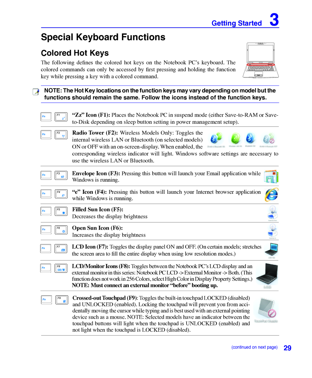 Asus E3101 user manual Special Keyboard Functions, Colored Hot Keys, Filled Sun Icon F5, Open Sun Icon F6 