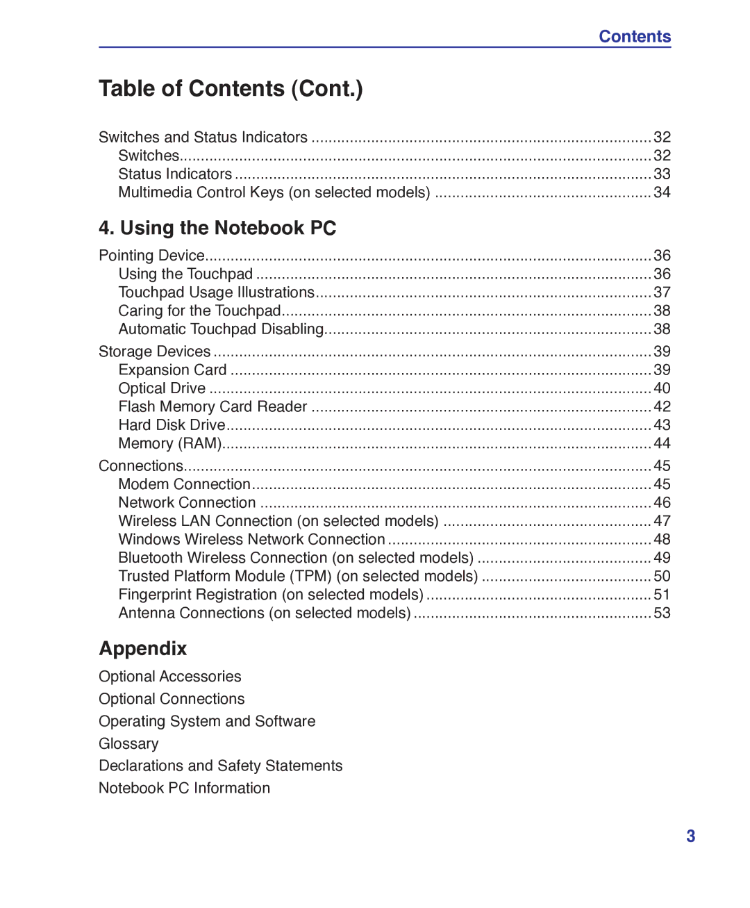 Asus E3101 user manual Using the Notebook PC, Appendix 