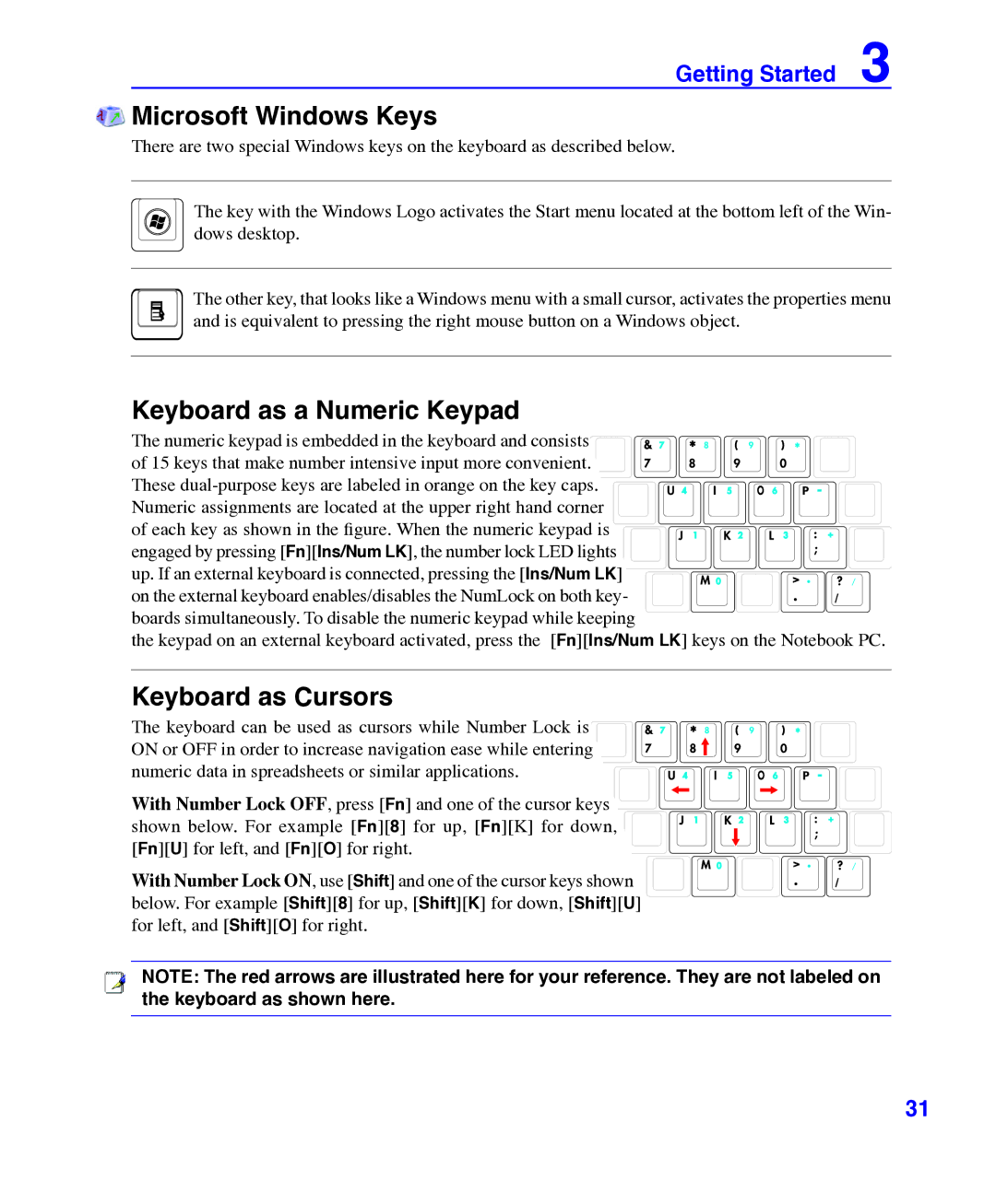 Asus E3101 user manual Microsoft Windows Keys, Keyboard as a Numeric Keypad, Keyboard as Cursors 