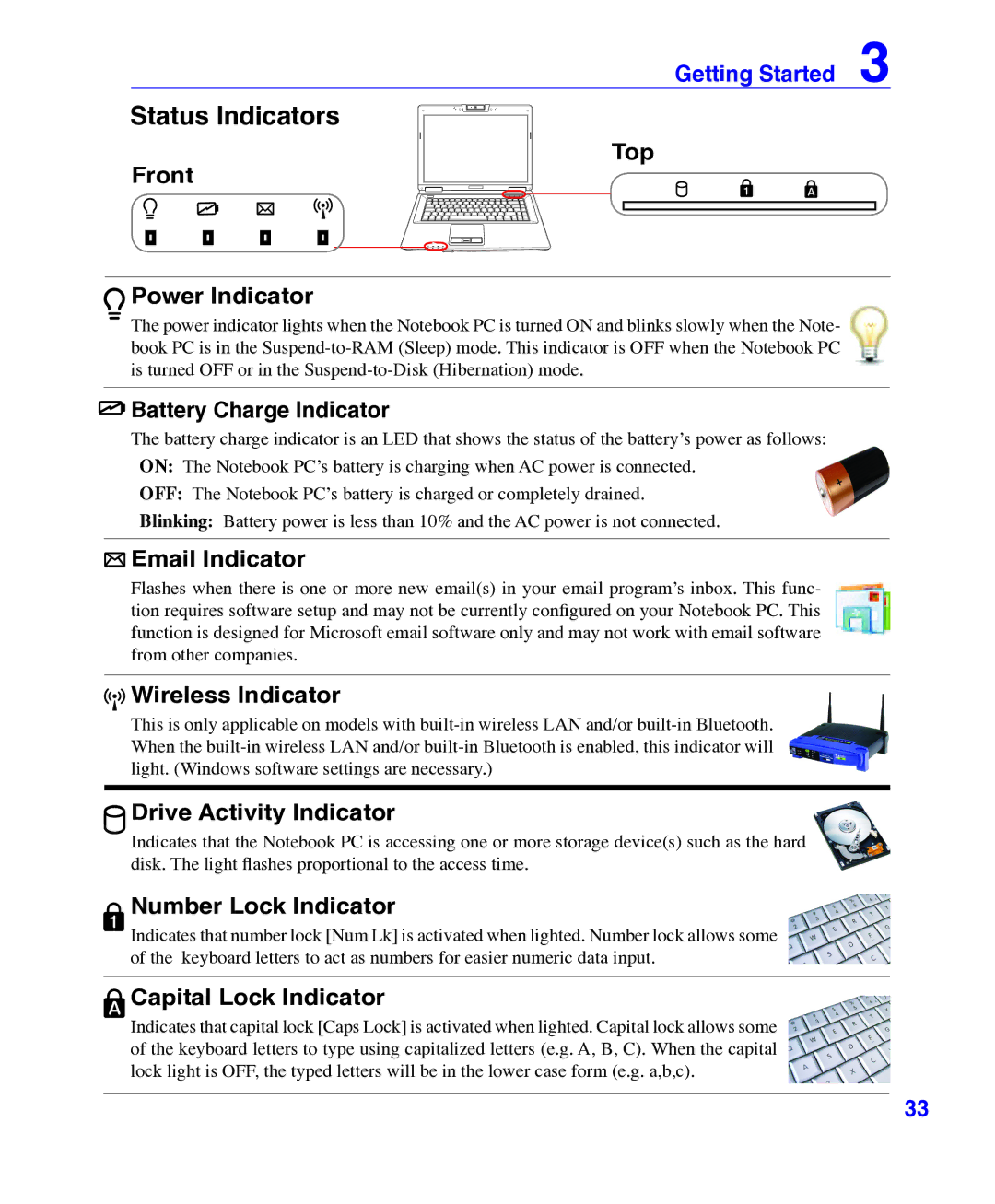 Asus E3101 user manual Status Indicators 