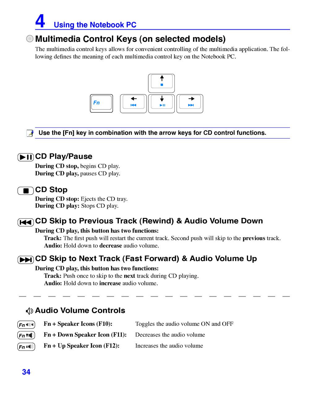 Asus E3101 user manual Multimedia Control Keys on selected models 