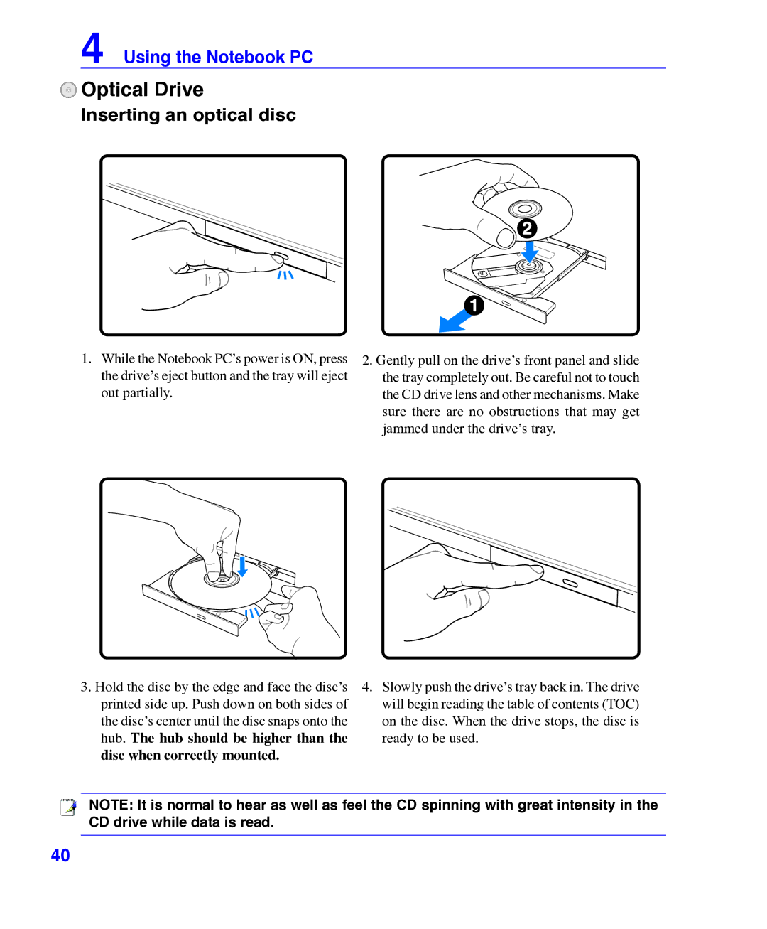 Asus E3101 user manual Optical Drive, Inserting an optical disc 