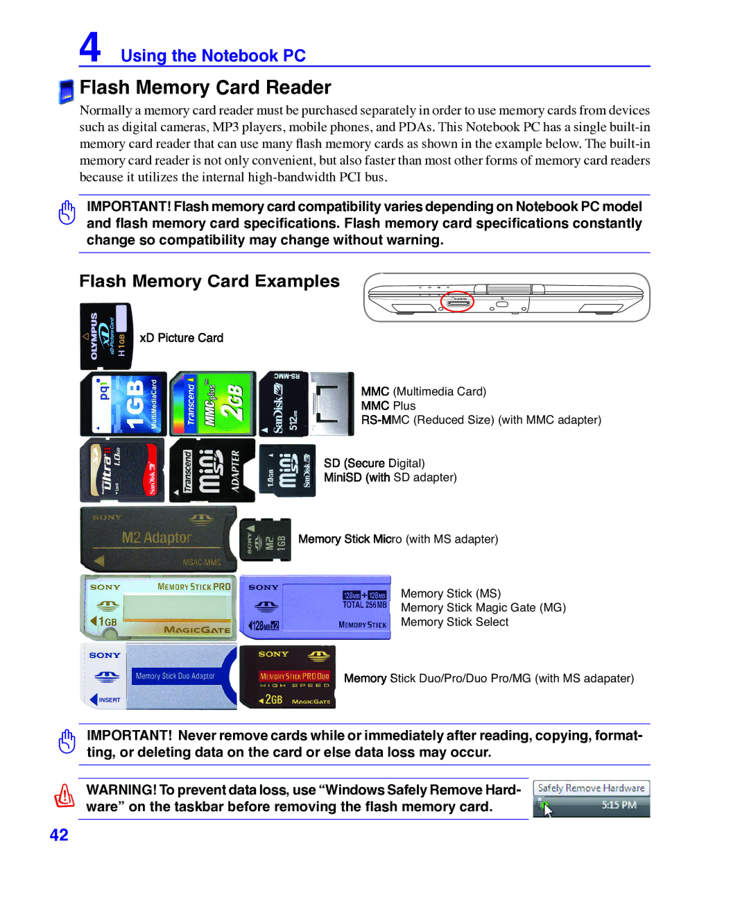 Asus E3101 user manual Flash Memory Card Reader, Flash Memory Card Examples 