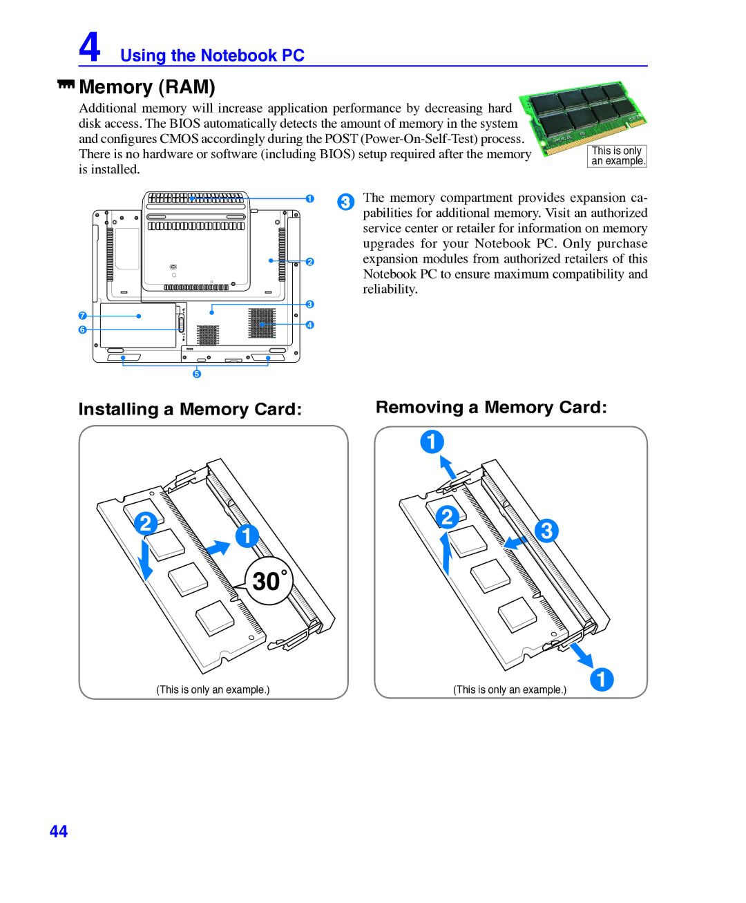 Asus E3101 user manual Memory RAM, Installing a Memory Card Removing a Memory Card 