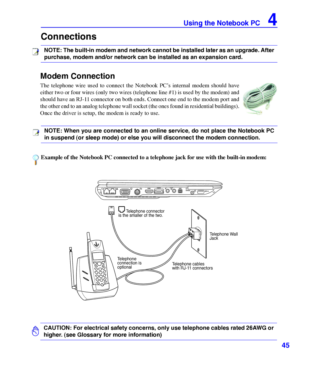 Asus E3101 user manual Connections, Modem Connection 