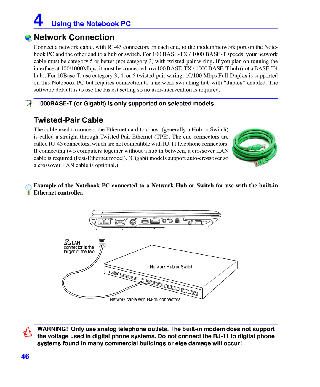 Asus E3101 user manual Network Connection, Twisted-Pair Cable 