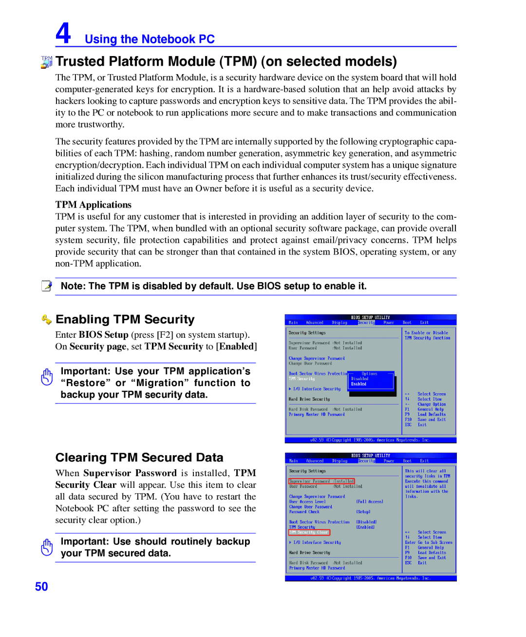 Asus E3101 user manual Trusted Platform Module TPM on selected models, Enabling TPM Security, Clearing TPM Secured Data 