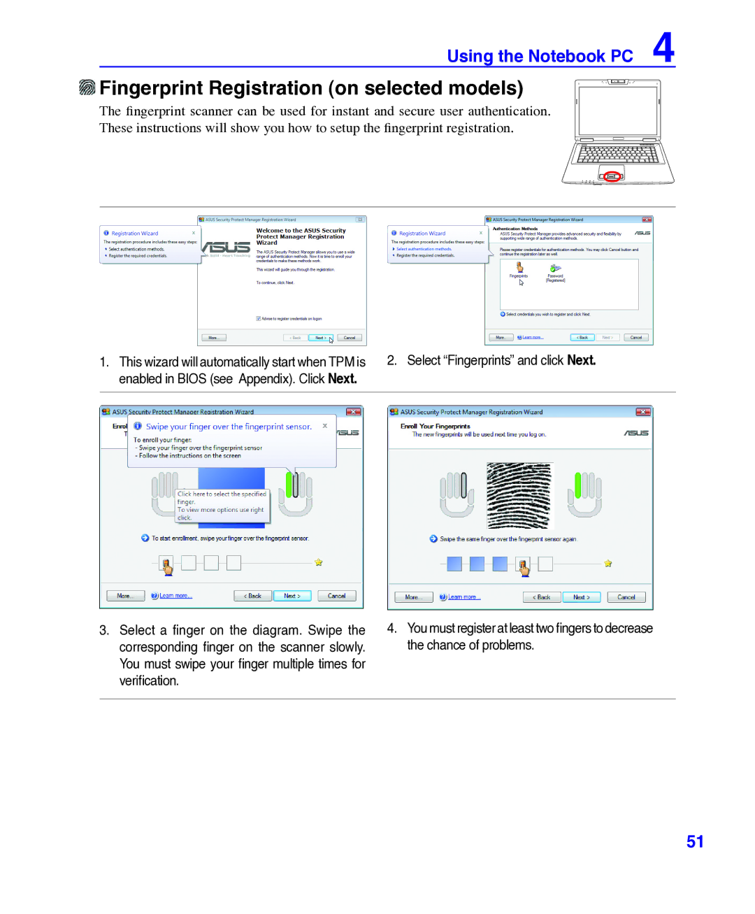 Asus E3101 user manual Fingerprint Registration on selected models 