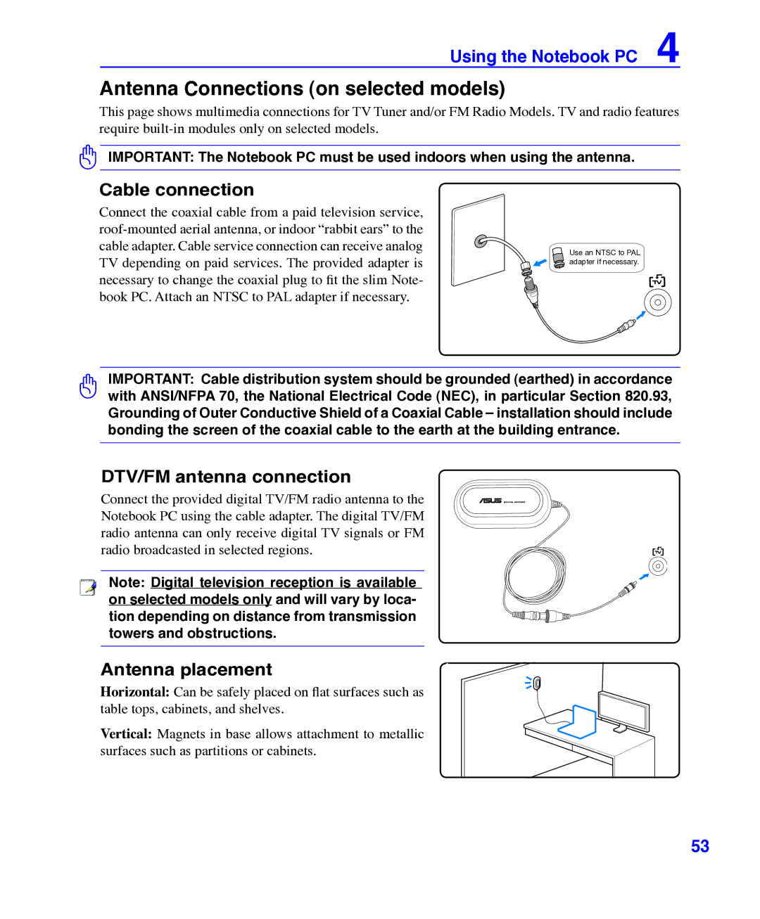 Asus E3101 Antenna Connections on selected models, Cable connection, DTV/FM antenna connection, Antenna placement 