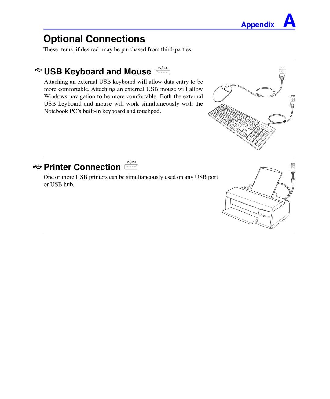 Asus E3101 user manual Optional Connections, USB Keyboard and Mouse, Printer Connection 