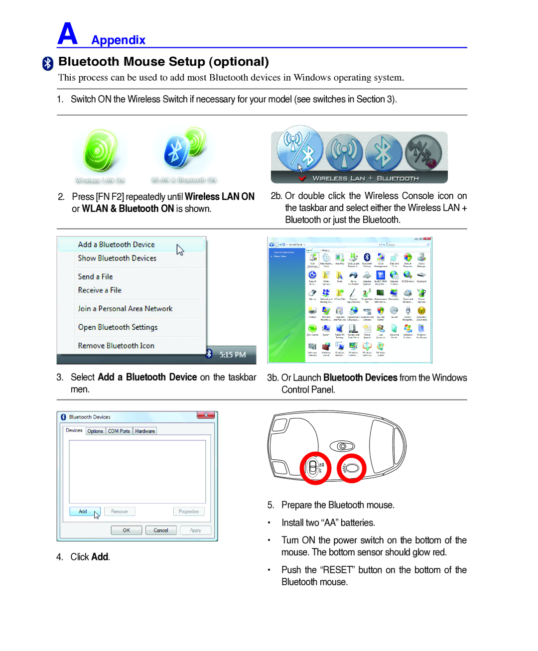 Asus E3101 user manual Bluetooth Mouse Setup optional 