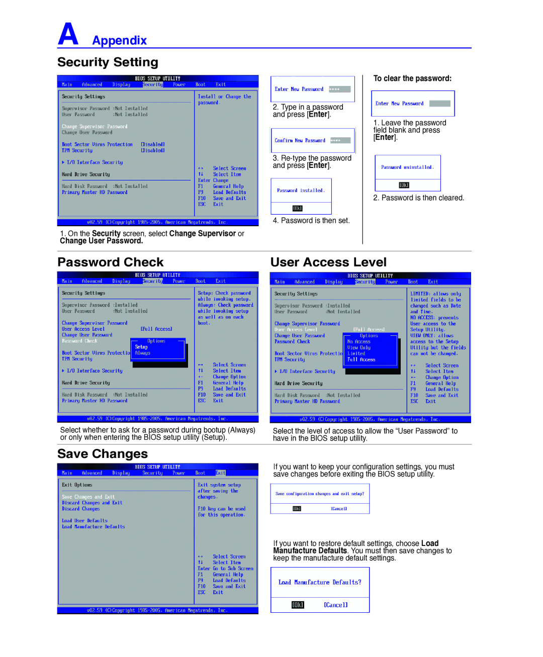 Asus E3101 user manual Security Setting, Password Check User Access Level, Save Changes 