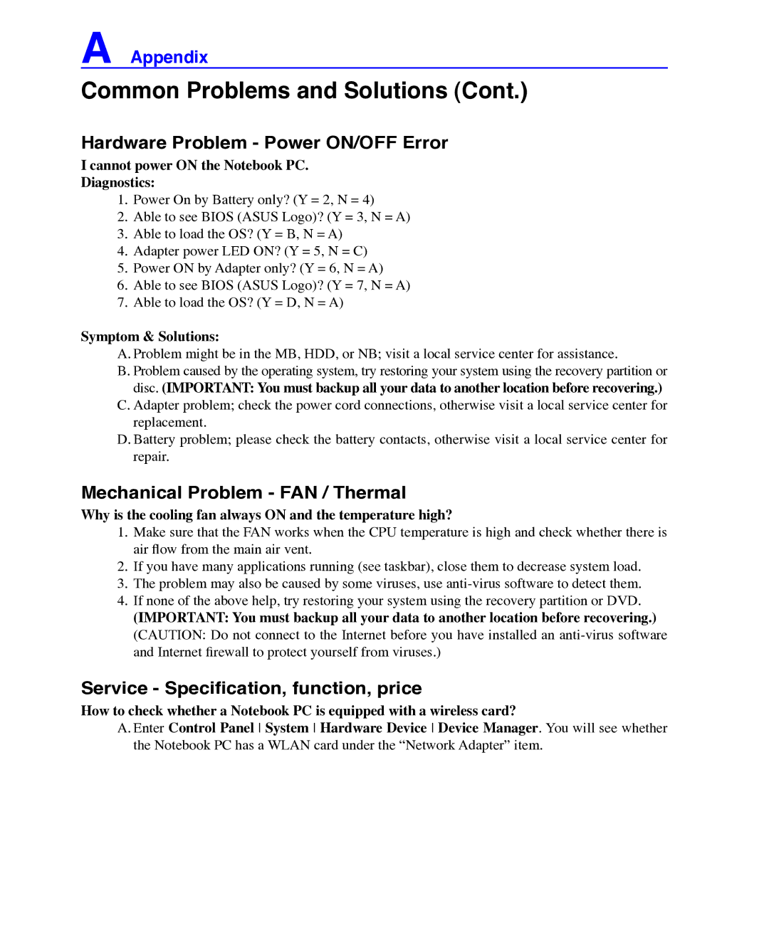 Asus E3101 user manual Common Problems and Solutions, Hardware Problem Power ON/OFF Error, Mechanical Problem FAN / Thermal 