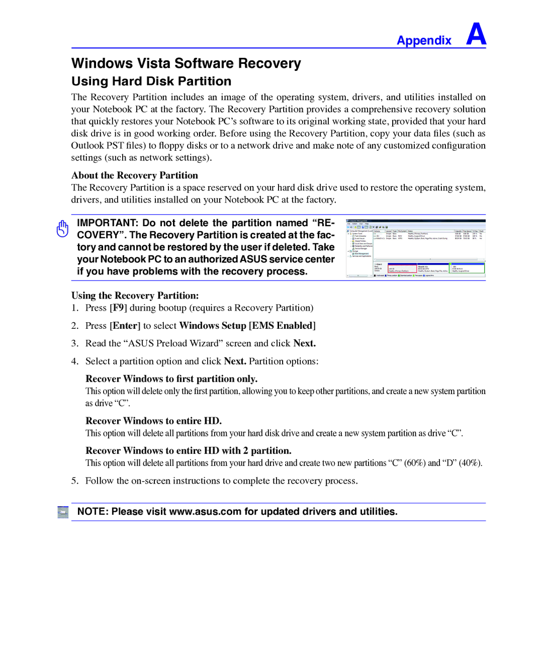 Asus E3101 user manual Windows Vista Software Recovery, Using Hard Disk Partition 