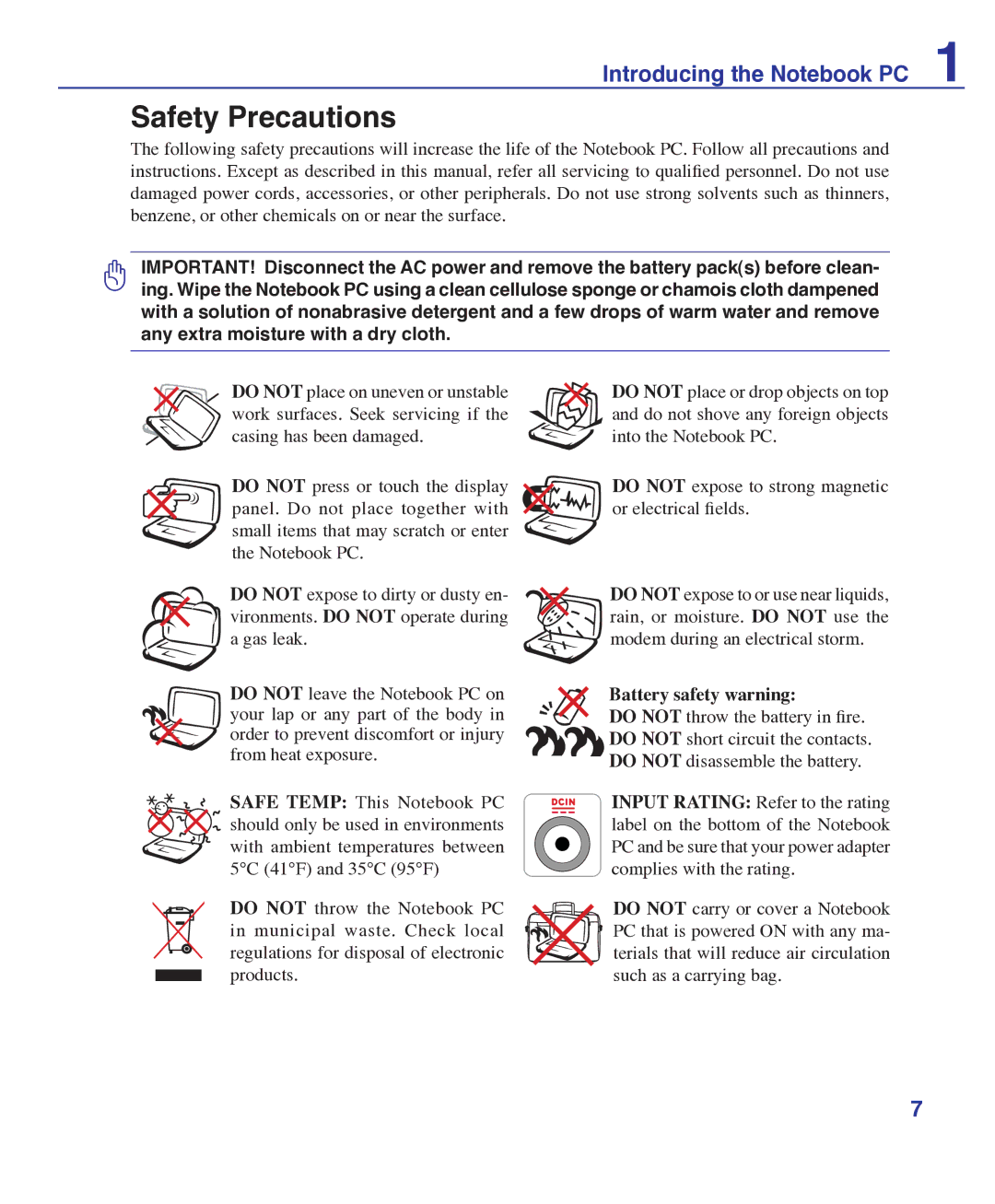 Asus E3101 user manual Safety Precautions, Battery safety warning 