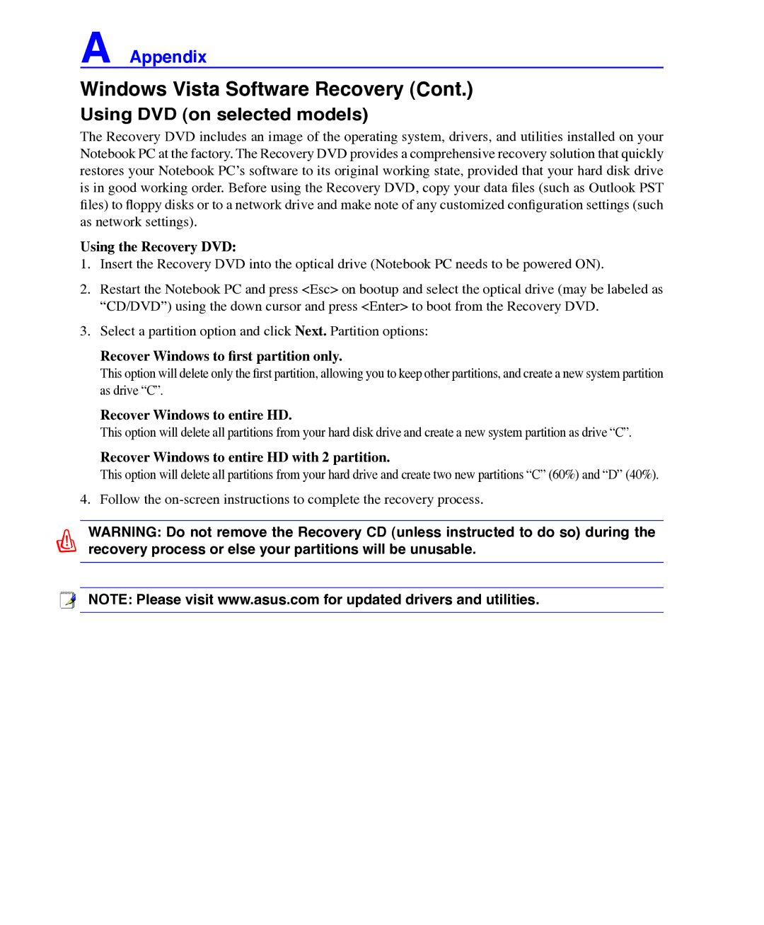 Asus E3101 user manual Using DVD on selected models, Using the Recovery DVD 