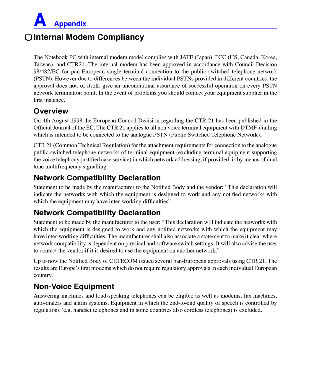 Asus E3101 user manual Internal Modem Compliancy, Overview, Network Compatibility Declaration, Non-Voice Equipment 