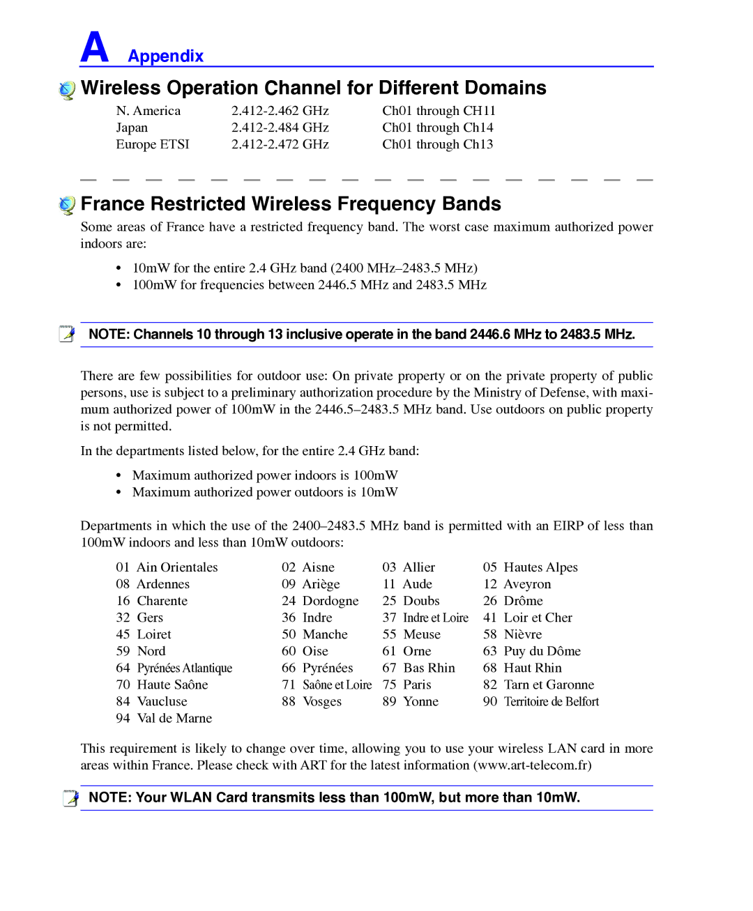 Asus E3101 user manual Wireless Operation Channel for Different Domains, France Restricted Wireless Frequency Bands 