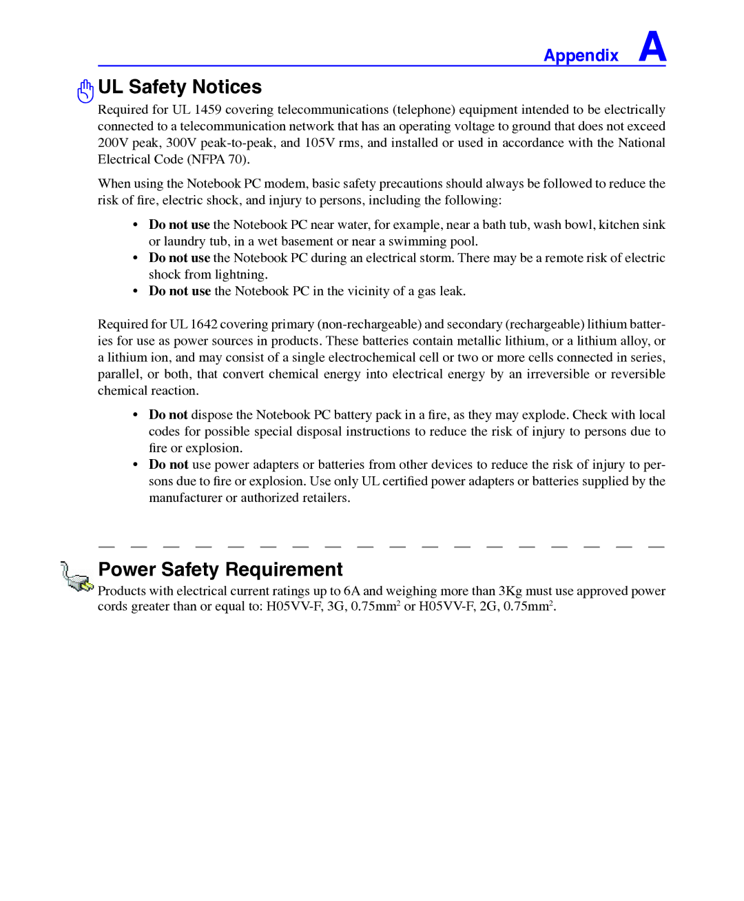 Asus E3101 user manual UL Safety Notices, Power Safety Requirement 