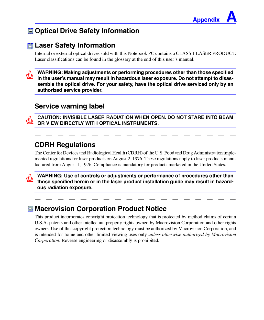 Asus E3101 user manual Optical Drive Safety Information Laser Safety Information, Service warning label Cdrh Regulations 