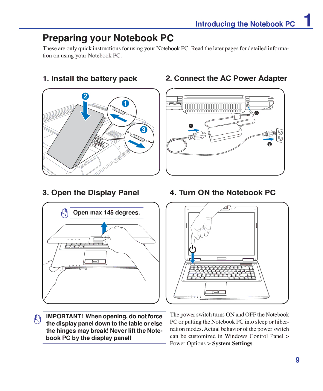 Asus E3101 user manual Preparing your Notebook PC, Open max 145 degrees 