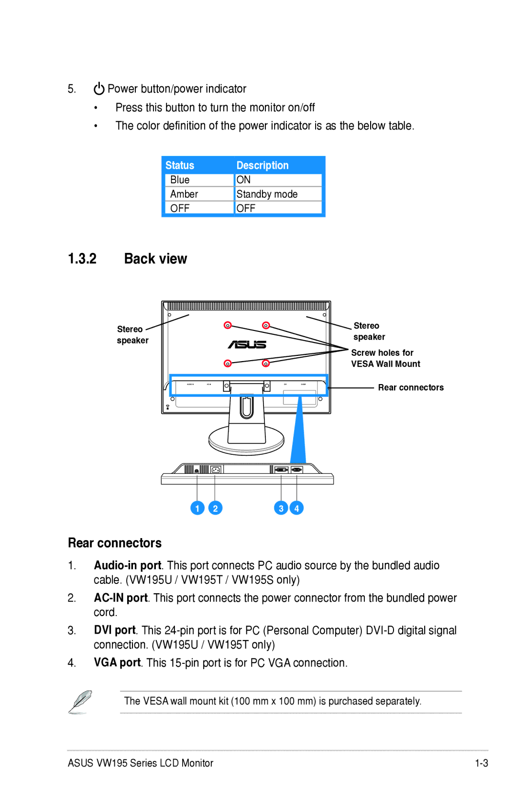 Asus E3379 manual Back view, Rear connectors 