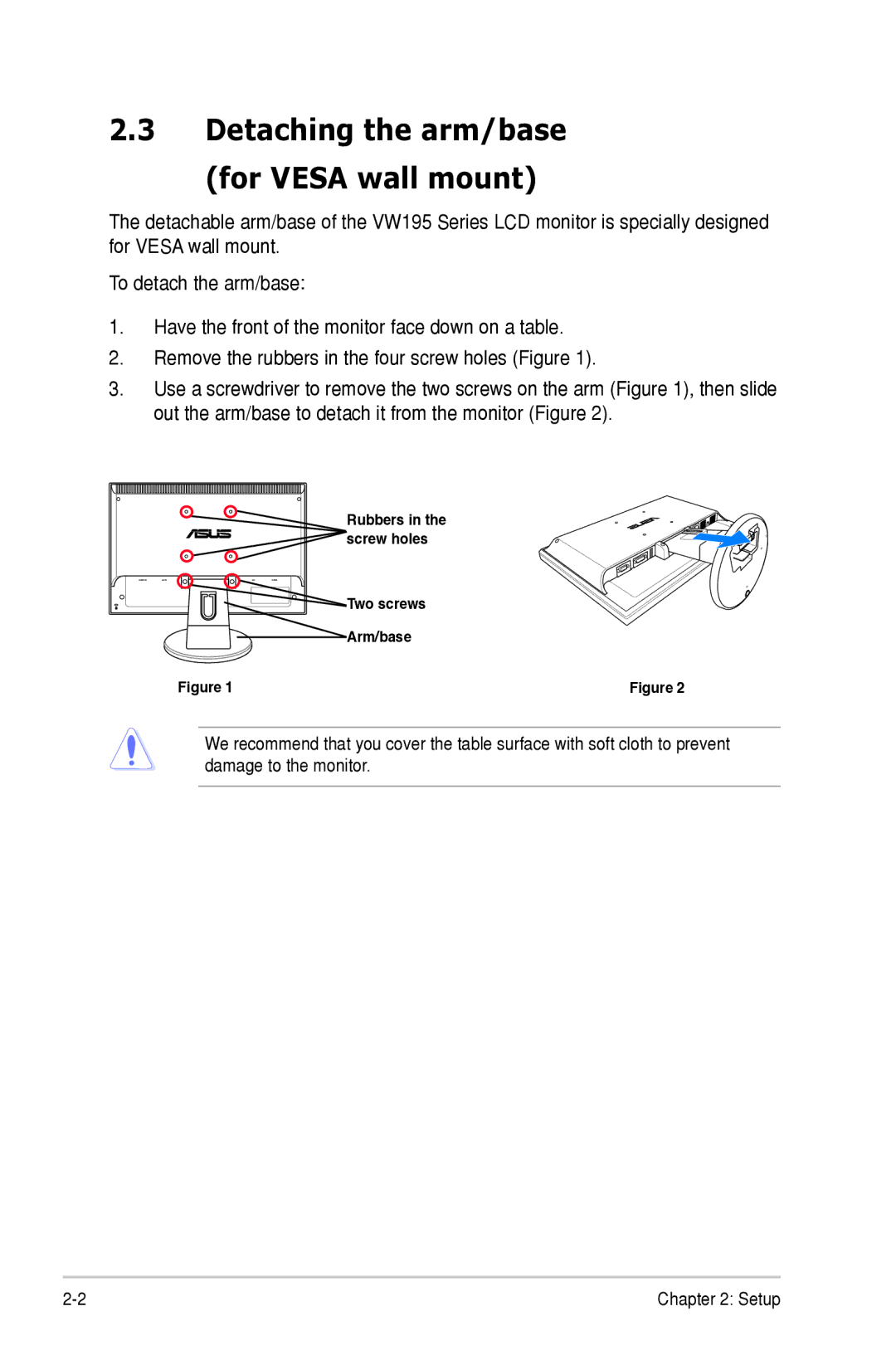 Asus E3379 manual Detaching the arm/base For Vesa wall mount 