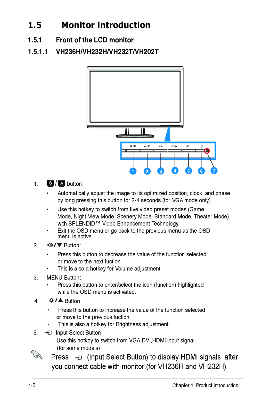 Asus E4331 manual Monitor introduction, Front of the LCD monitor 1.1 VH236H/VH232H/VH232T/VH202T 