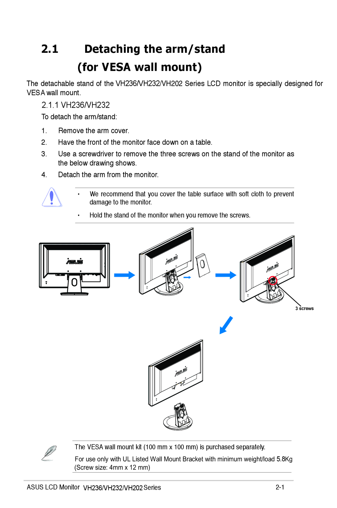 Asus E4331, VH202 manual Detaching the arm/stand for Vesa wall mount, 1 VH236/VH232 