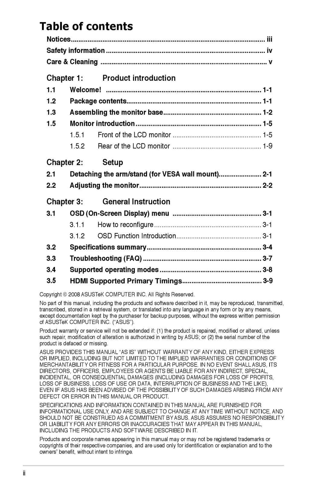 Asus VH236, E4331, VH202, VH232 manual Table of contents 